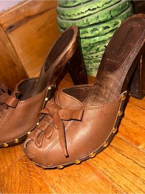 Miu Miu Leather Bow Studded Clog Heels